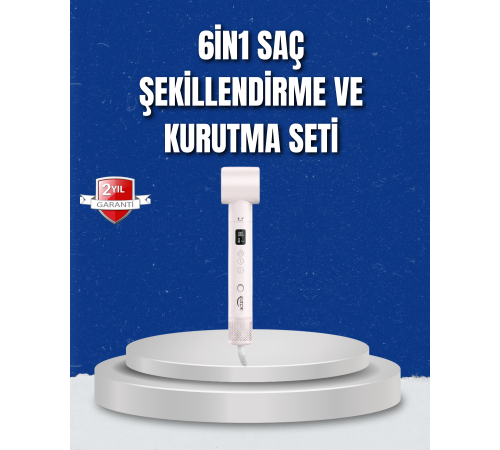 6-in-1 Saç Şekillendirme Seti Yüksek Hızlı Motor Negatif İyon LCD Ekran