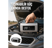 Dijital Göstergeli Akü Takviye Cihazı Lastik Şişirme Powerbank ve LED Işık Özellikli Yeni Nesil