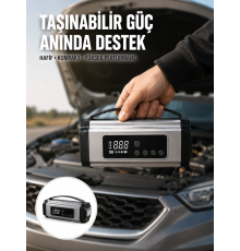 Dijital Göstergeli Akü Takviye Cihazı Lastik Şişirme Powerbank ve LED Işık Özellikli Yeni Nesil