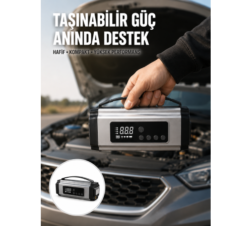 Dijital Göstergeli Akü Takviye Cihazı Lastik Şişirme Powerbank ve LED Işık Özellikli Yeni Nesil