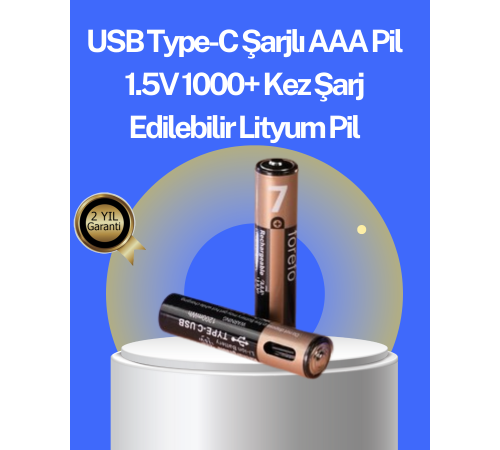 USB Type-C Şarjlı AAA Lityum Pil | 1.5V Sabit Voltaj, 1000+ Şarj Döngüsü ile Uzun Ömür
