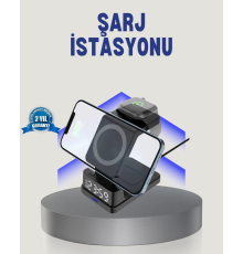Kablosuz Şarj Cihazı ve Dijital Saat 4’ü 1 Arada Hızlı Şarj, LED Işıklı Tasarım