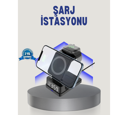 Kablosuz Şarj Cihazı ve Dijital Saat 4’ü 1 Arada Hızlı Şarj, LED Işıklı Tasarım