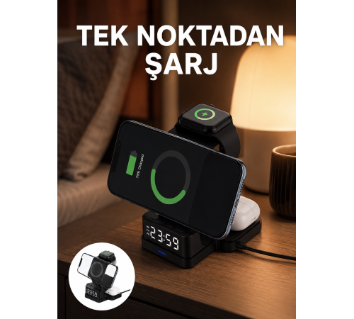 LED Dijital Saatli Kablosuz Şarj Cihazı – 3 Parlaklık Ayarlı, Şarj Koruma Teknolojili Yeni Nesil