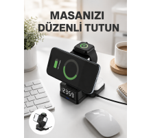Kablosuz Şarjlı Dijital Masa Saati – 3 Parlaklık Seviyeli LED, Hızlı Şarj Yeni Nesil