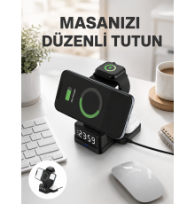 Kablosuz Şarjlı Dijital Masa Saati – 3 Parlaklık Seviyeli LED, Hızlı Şarj Yeni Nesil