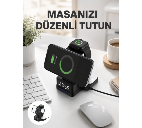 Kablosuz Şarjlı Dijital Masa Saati – 3 Parlaklık Seviyeli LED, Hızlı Şarj Yeni Nesil