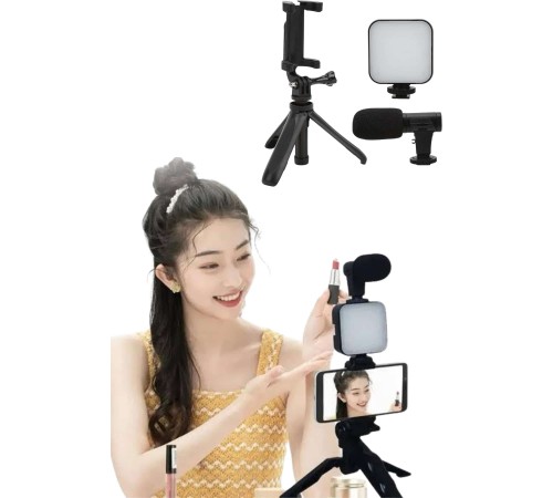 Tripod Telefon Tutucu Kumandalı Mikrofon Led Işık Vlog Video Kayıt