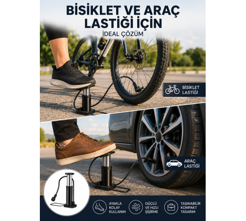 Ayakla Kullanılan Hava Pompası Araç ve Bisiklet İçin Uygun Yeni Nesil