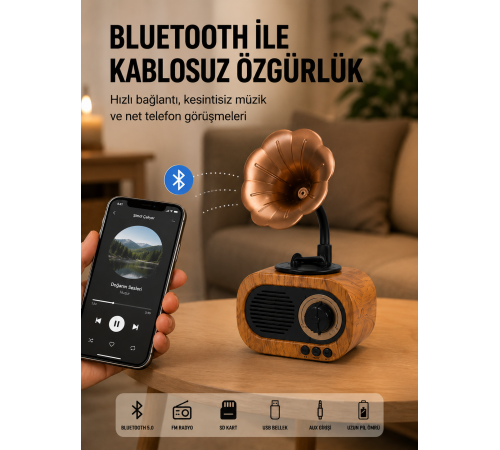 Mini Nostaljik Bluetooth Hoparlör FM Radyo 8 Saat Batarya Yeni Nesil