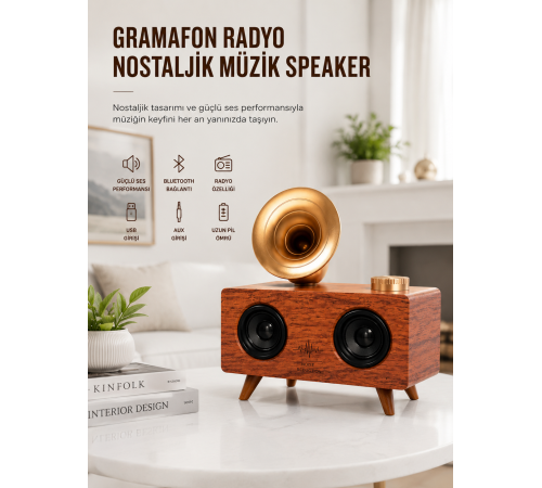 Bluetooth Nostalji Speaker Radyo Gramofon Ahşap Renk Vintage Yeni Nesil