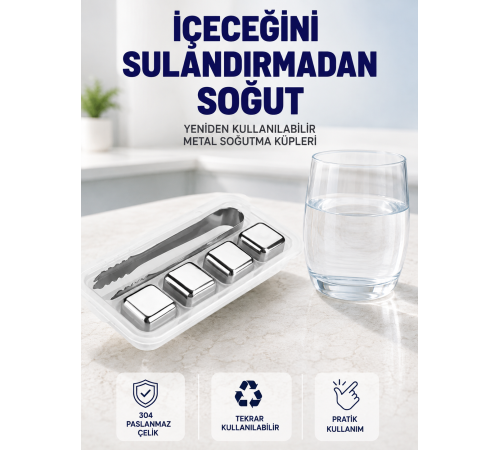 Paslanmaz Çelikten Üretilmiş Metal Buz Küpü Seti ve Buz Klipsi
