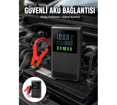 12.000 mAh Şarjlı Araç Akü Takviye ve Işıklı Hava Kompresörü Yeni Nesil