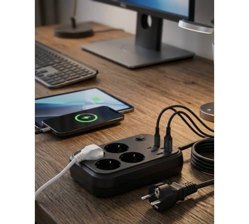 Akım Korumalı Çoklu Priz 4 USB 2 Type C 4 Priz Güvenli ve Hızlı Şarj
