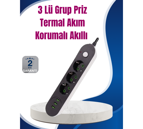 3 USB Çıkışlı Hızlı Şarjlı Anahtarlı Üçlü Priz