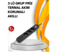 Hızlı Şarj Özellikli 3 USB Girişli Üçlü Priz