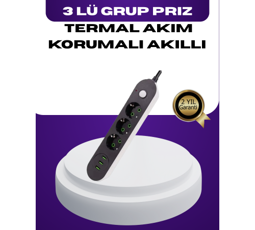 USB Yuvalı Anahtarlı Üçlü Priz 2 Metre Kablolu