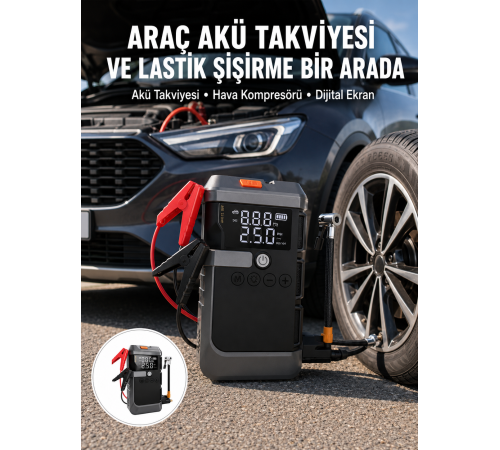 Araç İçin 4 Fonksiyonlu Akü Takviye ve Lastik Şişirme Cihazı Yeni Nesil
