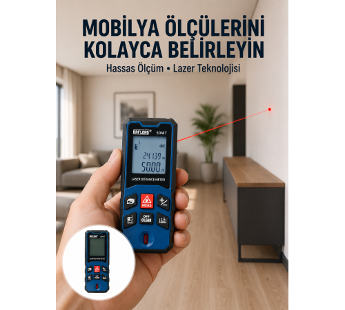50 Metre Lazer Ölçüm Cihazı Alan ve Mesafe Hesaplama Yeni Nesil