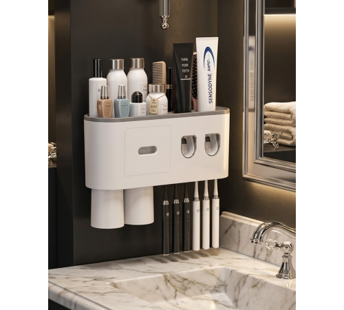 Çift Dispenserli Diş Macunu Sıkacağı 6 Fırçalık Bardaklı Banyo Organizer