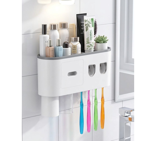 Banyo Organizer Diş Fırçası Tutucu Çift Dispenserli Raflı Çekmeceli