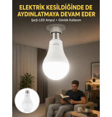 Acil Durumlar İçin Şarjlı LED Ampul 6400K Soğuk Beyaz 30 Watt Yeni Nesil
