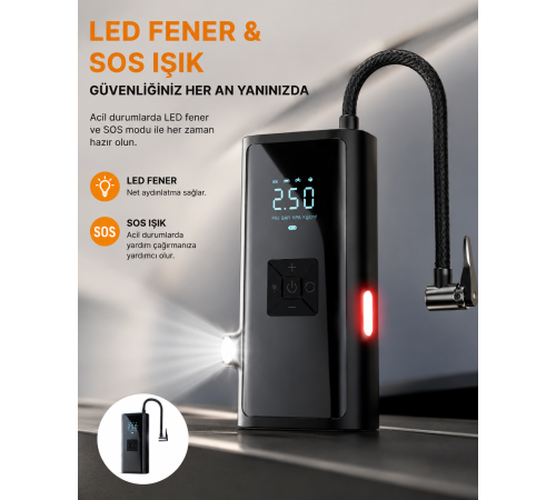 LED Fenerli ve SOS Işıklı Çok Fonksiyonlu Hava Kompresörü Yeni Nesil