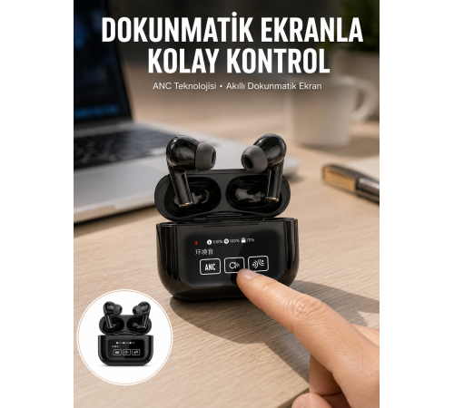 Yeni Nesil ANC Özellikli Çağrı Cevaplayan Dokunmatik Ekranlı Bluetooth Kulaklık Siyah Yeni Nesil