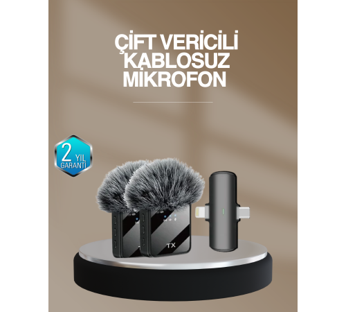 2’li Kablosuz Yaka Mikrofonu Type-C ve Lightning Uyumlu Profesyonel Set