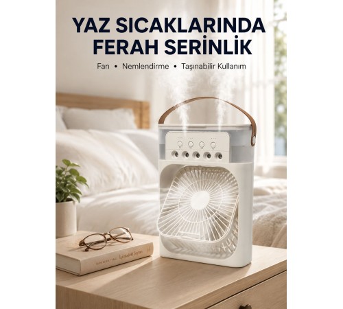 Taşınabilir 3'ü 1 Arada Mini Fan | Nemlendirici + Soğutucu + Gece Lambası Yeni Nesil