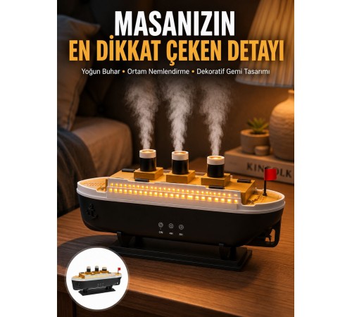 7 Renk Ortam Işıklı Dekoratif Gemi Tasarım Hava Nemlendirici Difüzör Yeni Nesil