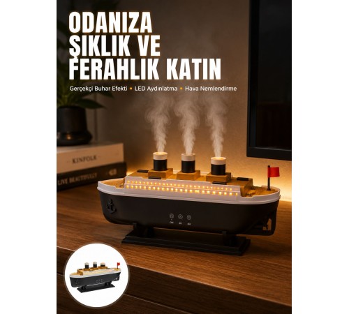 Ultra Sessiz Titanik Gemi LED Işıklı Aroma Difüzörü Oda Nemlendirici Yeni Nesil
