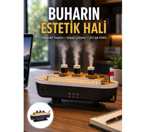 Dekoratif Gemi Modeli 7 Renk Işıklı Hava Nemlendirici ve Oda Kokusu Difüzörü Yeni Nesil