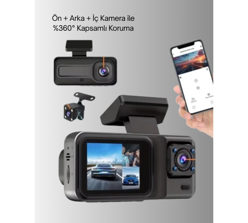360° Kapsama Sahip Full HD Araç Kamerası 3’lü Kayıt Gece Görüşlü DashCam