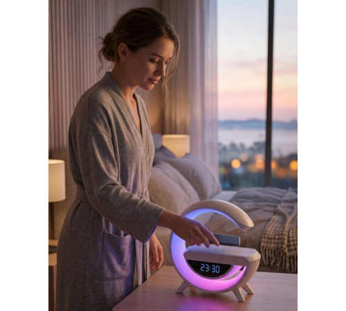 RGB Işıklı Kablosuz Şarjlı Bluetooth Hoparlör Saat ve Alarm Özellikli