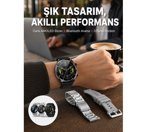 Akıllı Saat Çoklu Kordon Seçeneği Amoled Ekran Çok Fonksiyonlu Bluetooth Bağlantılı Yeni Nesil