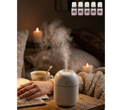 Mini Hava Nemlendirici USB Bağlantılı LED Işıklı 5 Esans Hediyeli Aromaterapi Difüzörü