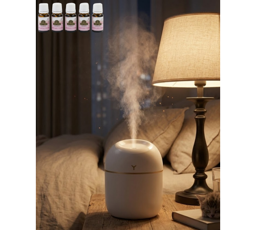Araç ve Ofis İçin Mini Nemlendirici 5 Esans Hediyeli USB LED Işıklı Buhar Makinesi