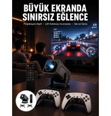 Çift Kollu Game Box Projeksiyon Cihazı Kumandalı Android Tv Dahili Hoparlör Yeni Nesil