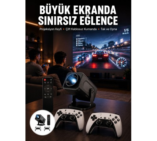 Çift Kollu Game Box Projeksiyon Cihazı Kumandalı Android Tv Dahili Hoparlör Yeni Nesil