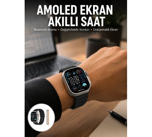 49mm Akıllı Saat Amoled Ekranlı Kadın Erkek Kol Saati Plastik Kordon Yeni Nesil