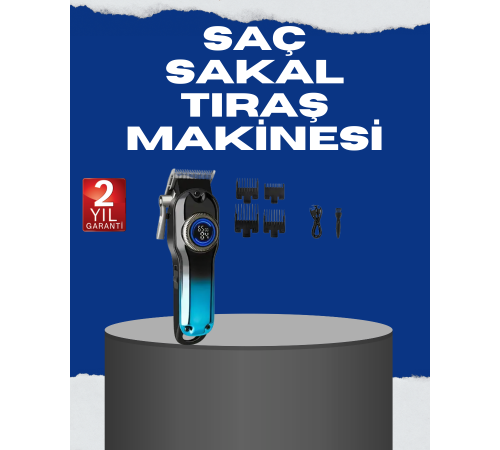 Profesyonel Saç Kesme Makinesi – 2000 mAh Şarjlı, LCD Ekranlı