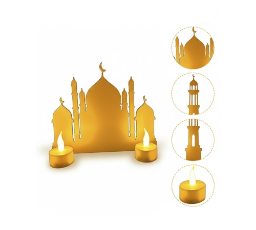 3D İki Mumlu Cami Dekor 2 Pilli LED Mum Hediyeli Masa Üstü Süs