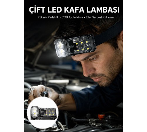 3 Fonksiyonlu LED Far El Feneri Çalışma Lambası Uzun Pil Ömürlü Yeni Nesil