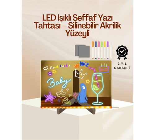 LED Işıklı Şeffaf Yazı Tahtası – Neon Etkili Akrilik Pano, Silinebilir, 7 Renkli Kalemli, 30x20 cm