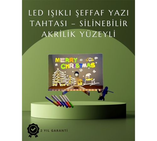 LED Işıklı Şeffaf Yazı Tahtası – Neon Etkili Akrilik Pano, Silinebilir, 7 Renkli Kalemli, 30x20 cm