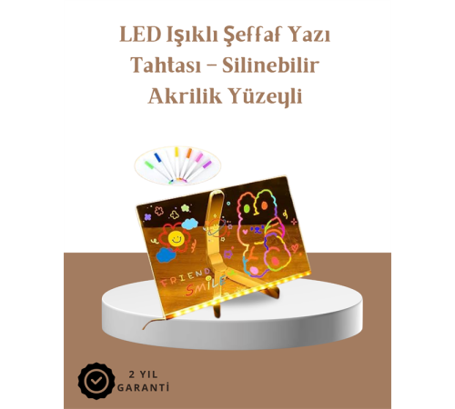 LED Işıklı Şeffaf Yazı Tahtası – Neon Etkili Akrilik Pano, Silinebilir, 7 Renkli Kalemli, 30x20 cm