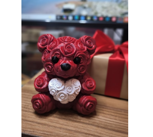 3D Kalp Ayıcık 10 cm Gül Detaylı Dekoratif Hediye Obje