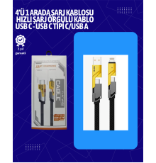 USB-C ve Lightning Uyumlu 4'ü 1 Arada Kablo – 65W Hızlı Şarj, Örgülü Dayanıklı Yapı