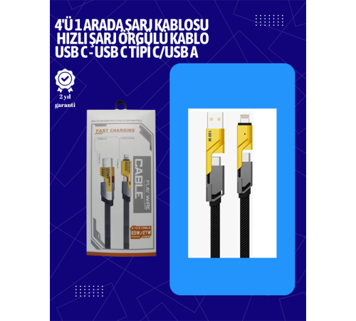 4'ü 1 Arada USB Hızlı Şarj ve Veri Kablosu – 65W Güç, Çoklu Bağlantı, 1.2m